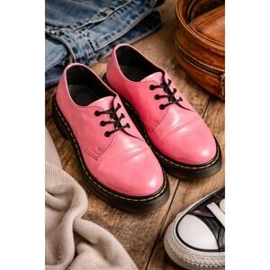 Dr Martens Pink Leather Oxford Shoes 3 Eye Lace Up Low Top Statement Docs